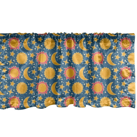 Ambesonne Sky Window Valance, Abstract Sun Moon Star Dot Art, 42" x 12", Marigold Slate Blue and Rose