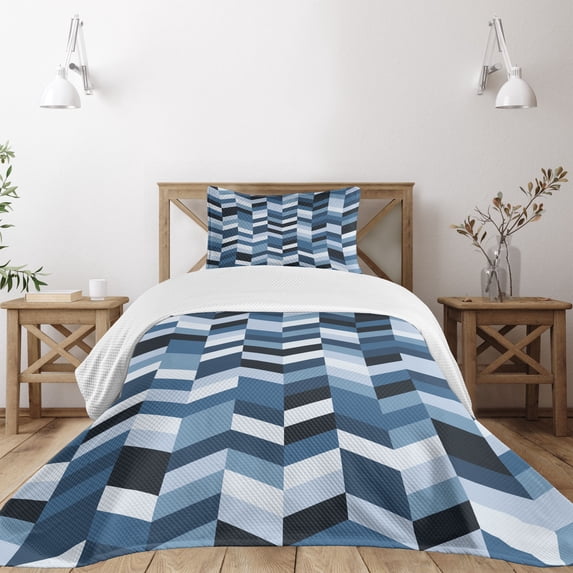 Ambesonne Slate Blue Quilted Bedspread Set 2 Pcs, Zigzag Twisty Lines, Twin Size, Dark Slate Blue