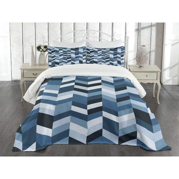 Ambesonne Slate Blue Quilted Bedspread Set 3 Pcs, Zigzag Twisty Lines, King Size, Dark Slate Blue