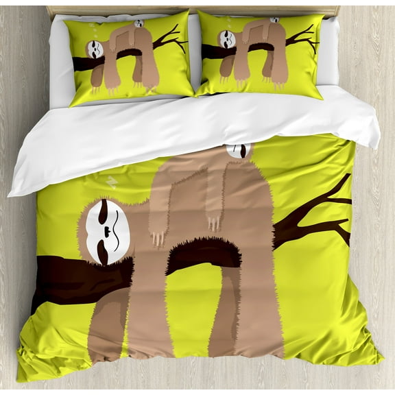 Ambesonne Sloth Duvet Cover Set, Cartoon Mother Sleeping, King, Cocoa Apple Green