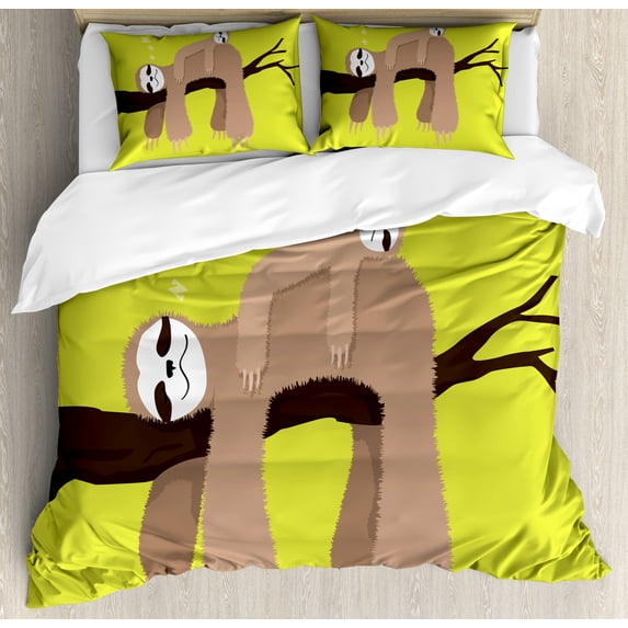Ambesonne Sloth Duvet Cover Set, Cartoon Mother Sleeping, Queen, Cocoa Apple Green