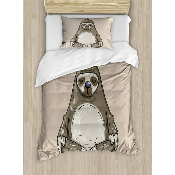 Ambesonne Sloth Duvet Cover Set, Cartoon Sloth Meditates, Twin, Warm Taupe Sage Green