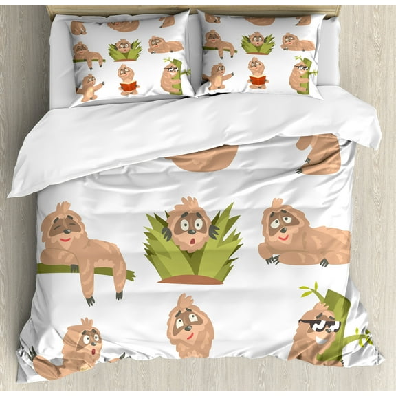Ambesonne Sloth Duvet Cover Set, Different Posed Animals, 2-Calking, Pale Brown Green