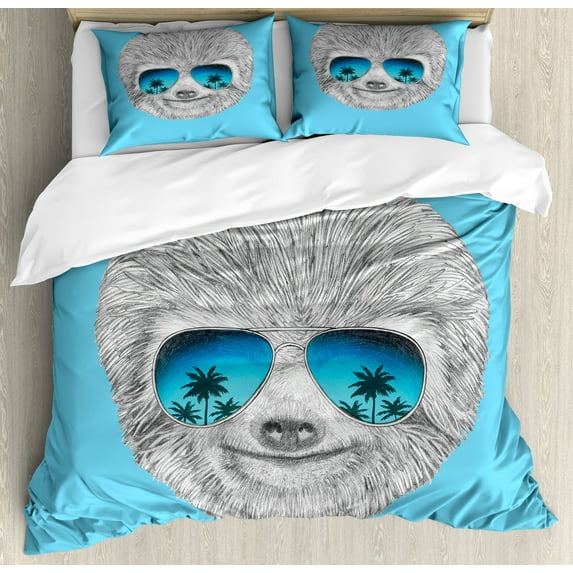 Ambesonne Sloth Duvet Cover Set, Hawaiian Beach Hipster, King, Grey Blue Aqua