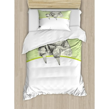 Ambesonne Sloth Duvet Cover Set, Idle Sloth Abstract Green, Twin, Pistachio Green Black