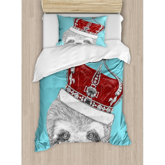 Ambesonne Sloth Duvet Cover Set, Sloth with Imperial Crown, Twin, Aqua Burgundy Grey