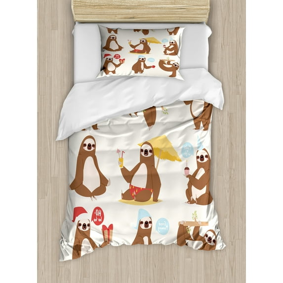 Ambesonne Sloth Duvet Cover Sets, Funny Sluggard Animal, 2-Twin, Brown Pale Pink Blue