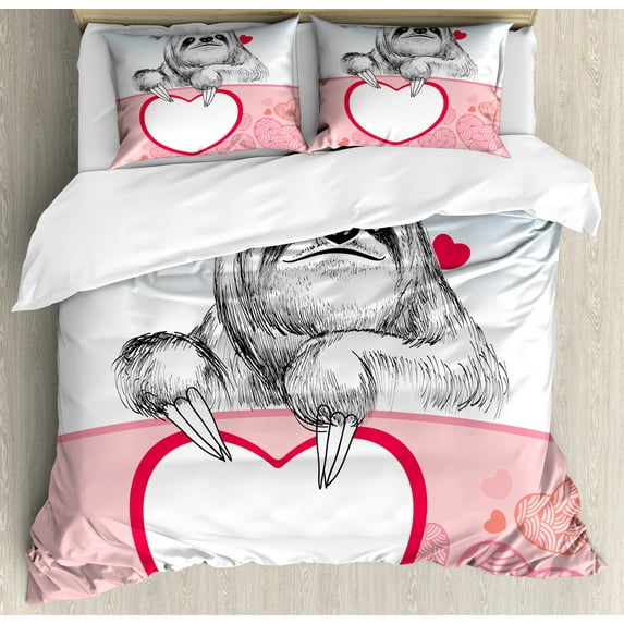 Ambesonne Sloth Duvet Cover Sets, Romantic Sloth in Love, 2-Queen, Pink Pale Blue Black