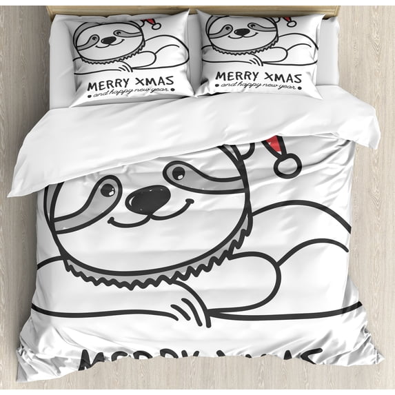 Ambesonne Sloth Duvet Cover Sets, Sloth Christmas Hat, 2-Queen, Grey Red Black