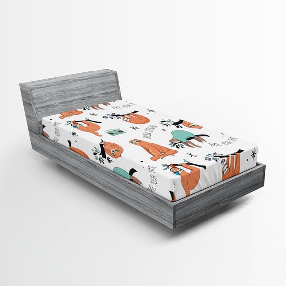 Ambesonne Sloth Fitted Sheet 2 Pcs Set, Sloths on Branches, Twin, Pale Blue Orange Black