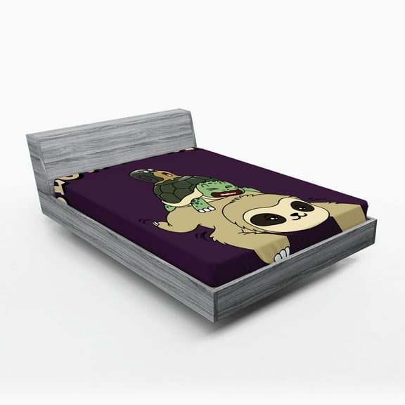 Ambesonne Sloth Fitted Sheet, Funny Cartoon Scenery, King Size, Multicolor