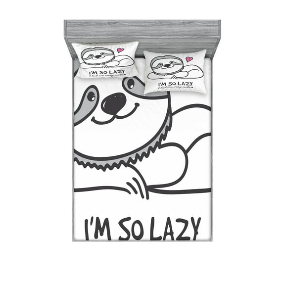 Ambesonne Sloth Fitted Sheet & Pillow Sham Set, Cartoon Funny Words, King, Grey Pink