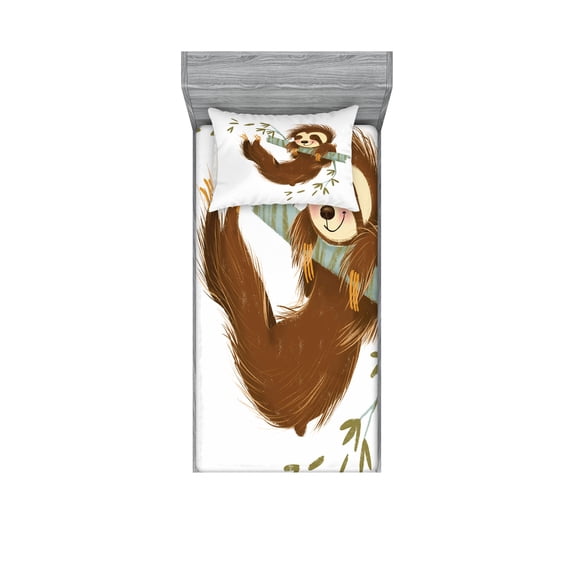 Ambesonne Sloth Fitted Sheet & Pillow Sham Set, Cheerful Animal on Tree, Twin, Brown Khaki Grey