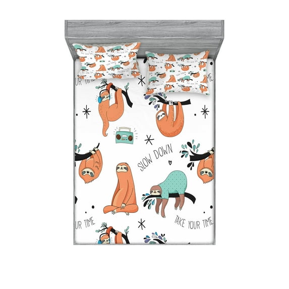 Ambesonne Sloth Fitted Sheet & Pillow Sham Set, Sloths on Branches, Queen, Pale Blue Orange Black