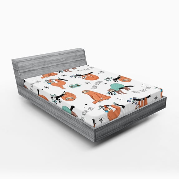 Ambesonne Sloth Fitted Sheet, Sloths on Branches, Queen Size, Pale Blue Orange Black