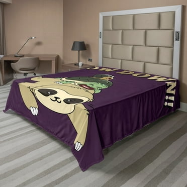 Ambesonne Sloth Flat Sheet, Funny Cartoon Scenery, California King, Multicolor