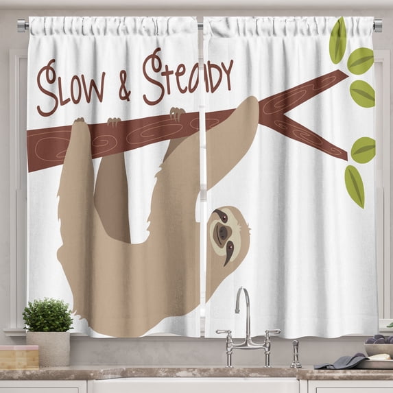 Ambesonne Sloth Kitchen Curtains, Cartoon Wildlife Mammal, 55"x39", Tan Chestnut Brown