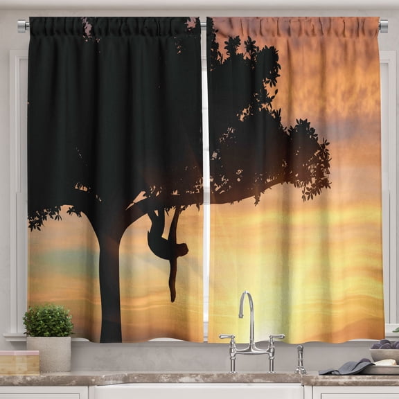 Ambesonne Sloth Kitchen Curtains, Sunset View Exotic Fauna, 55"x45", Peach Black Yellow