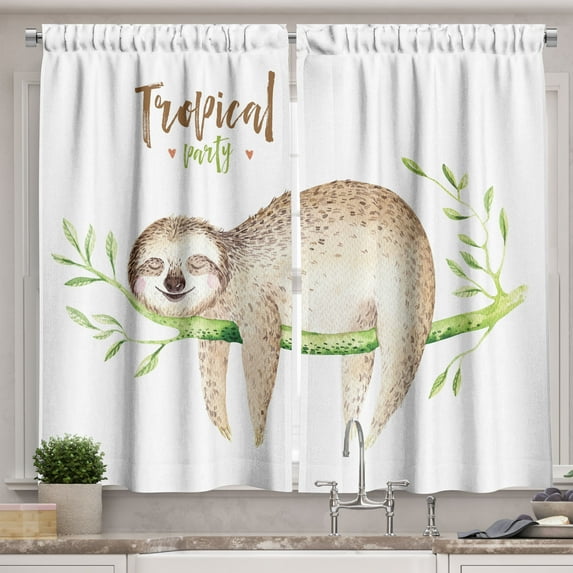 Ambesonne Sloth Kitchen Curtains, Young Animal on Palm Tree, 55"x39", Pale Brown Green