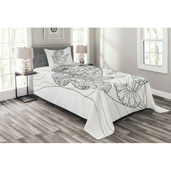 Ambesonne Sloth Quilted Bedspread Set 2 Pcs, Animal Floral Detail, Twin Size, Black White