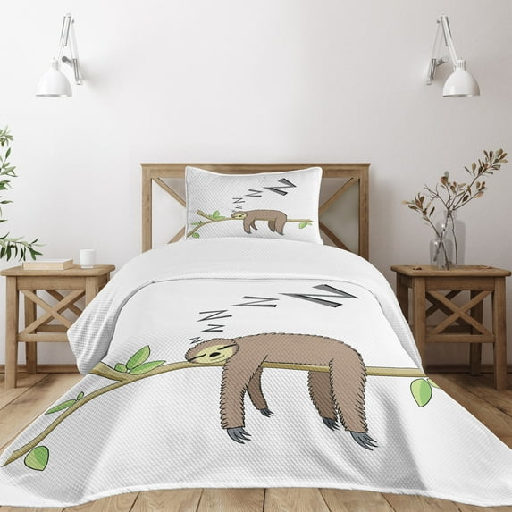Ambesonne Sloth Quilted Bedspread Set 2 Pcs, Arboreal Mammal Sleeping, Twin Size, Grey Green Brown