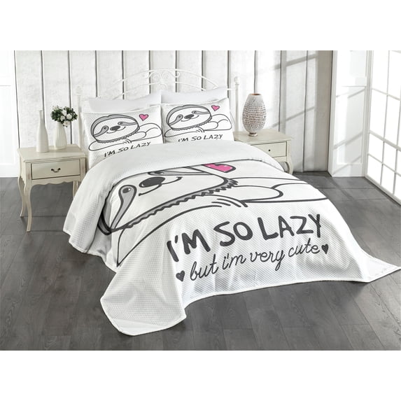 Ambesonne Sloth Quilted Bedspread Set 2 Pcs, Cartoon Funny Words, Twin Size, Grey Pink