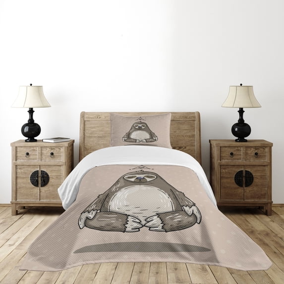 Ambesonne Sloth Quilted Bedspread Set 2 Pcs, Cartoon Sloth Meditates, Twin Size, Warm Taupe Sage Green