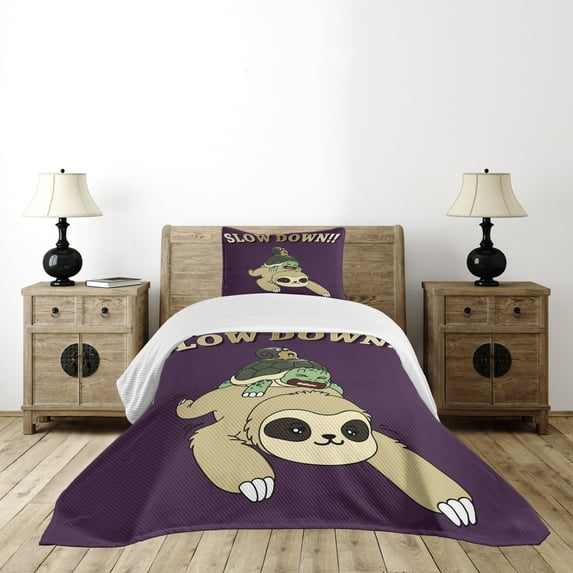Ambesonne Sloth Quilted Bedspread Set 2 Pcs, Funny Cartoon Scenery, Twin Size, Multicolor