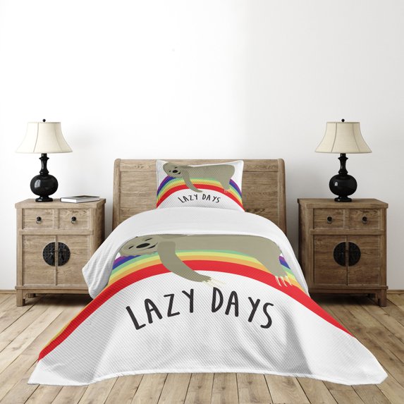 Ambesonne Sloth Quilted Bedspread Set 2 Pcs, Lazy Days Carefree Sloth, Twin Size, Multicolor