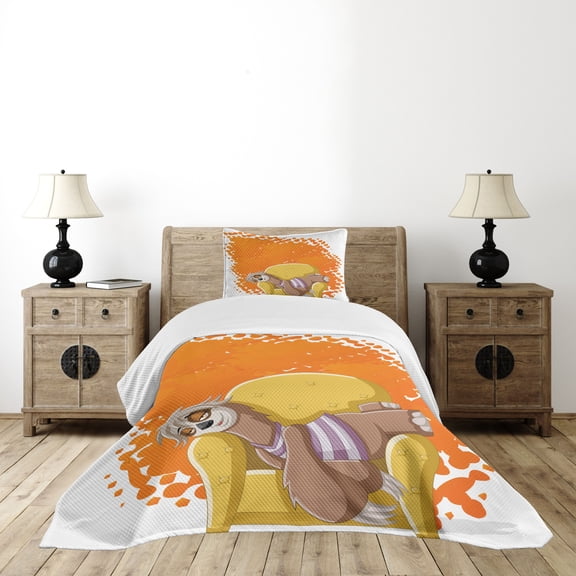 Ambesonne Sloth Quilted Bedspread Set 2 Pcs, Lazy Female on the Couch, Twin Size, Orange Yellow