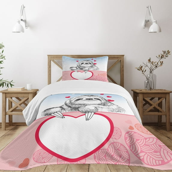Ambesonne Sloth Quilted Bedspread Set 2 Pcs, Romantic Sloth in Love, Twin Size, Pink Pale Blue Black