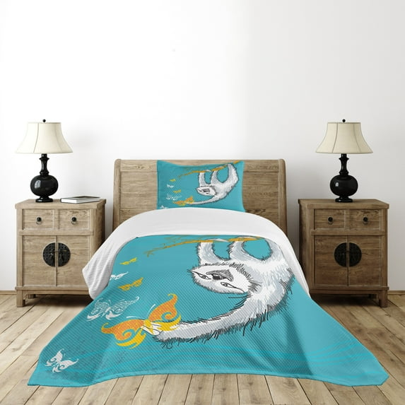 Ambesonne Sloth Quilted Bedspread Set 2 Pcs, Sketchy Sloth Butterflies, Twin Size, Teal Pale Grey Orange