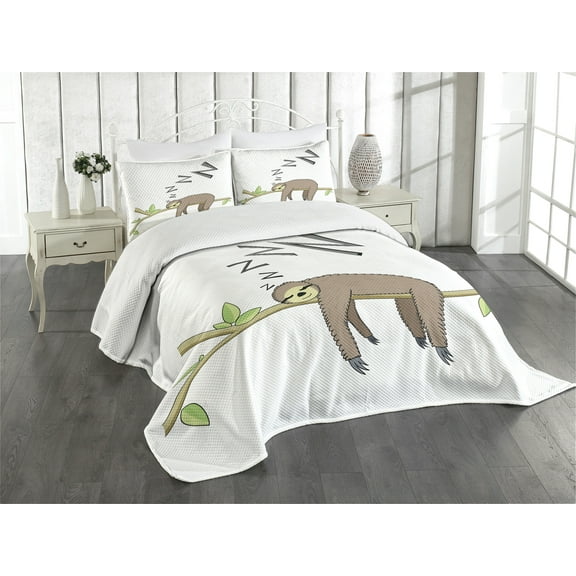 Ambesonne Sloth Quilted Bedspread Set 3 Pcs, Arboreal Mammal Sleeping, King Size, Grey Green Brown