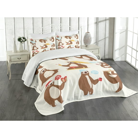 Ambesonne Sloth Quilted Bedspread Set 3 Pcs, Funny Sluggard Animal, King Size, Brown Pale Pink Blue