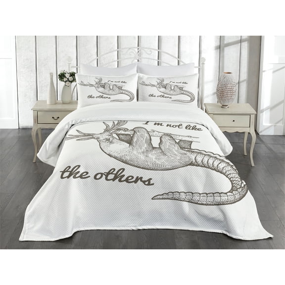 Ambesonne Sloth Quilted Bedspread Set 3 Pcs, Funny Unusual Animal Drawing, Queen Size, Grey Black White