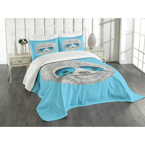 Ambesonne Sloth Quilted Bedspread Set 3 Pcs, Hawaiian Beach Hipster, Queen Size, Grey Blue Aqua
