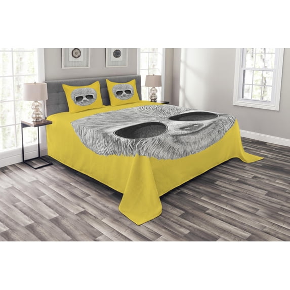 Ambesonne Sloth Quilted Bedspread Set 3 Pcs, Hipster Jungle Animal, Queen Size, Yellow Grey