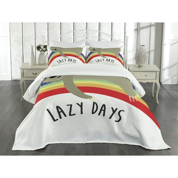 Ambesonne Sloth Quilted Bedspread Set 3 Pcs, Lazy Days Carefree Sloth, King Size, Multicolor
