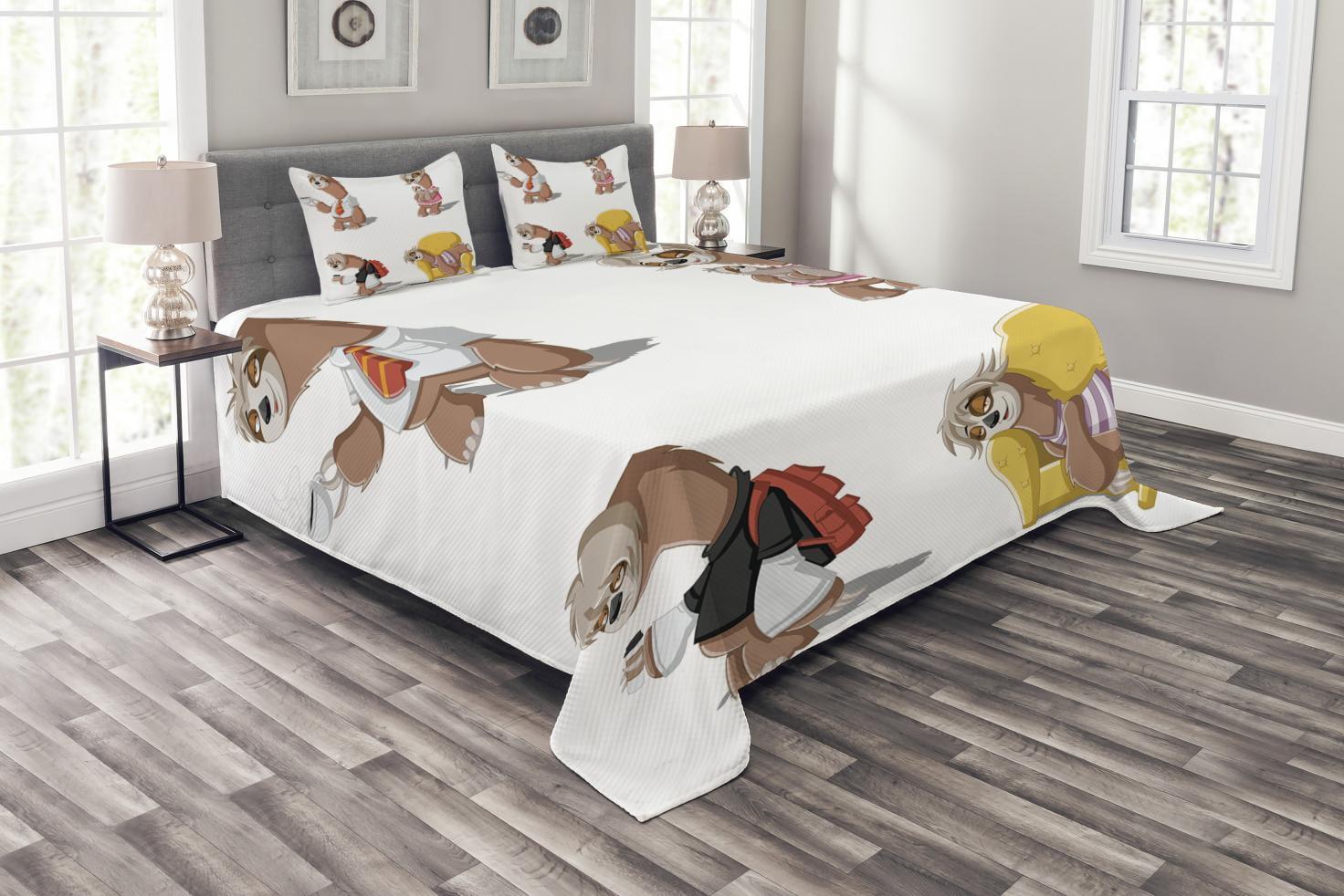 White Quilted Sloth Cartoon Queen Bedspread Set