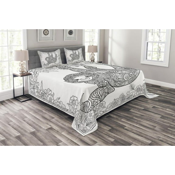 Ambesonne Sloth Quilted Bedspread Set 3 Pcs, Outline Drawing Jungle, King Size, Black White