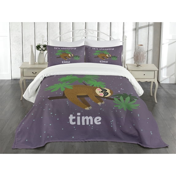 Ambesonne Sloth Quilted Bedspread Set 3 Pcs, Sleeping Time Wording Cartoon, Queen Size, Plum Brown Green