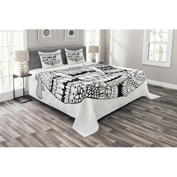 Ambesonne Sloth Quilted Bedspread Set 3 Pcs, Sloth, Queen Size, Black White