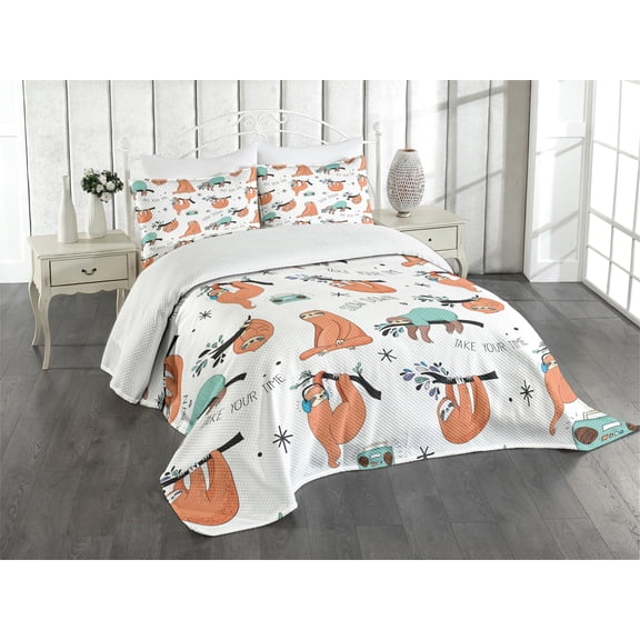 Ambesonne Sloth Quilted Bedspread Set 3 Pcs, Sloths on Branches, King Size, Pale Blue Orange Black