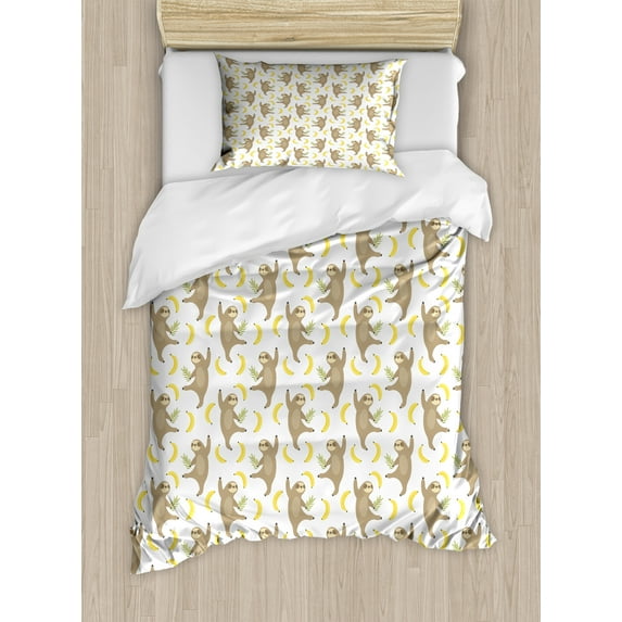 Ambesonne Sloths Duvet Cover Sets, Tropical Sloths and Bananas, 2-Twin, Cocoa White Yellow