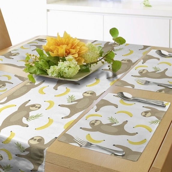 Ambesonne Sloths Table Runner & Placemats, Tropical Sloths and Bananas, Placemat 4 pcs + Runner 12"x72", Cocoa White Yellow