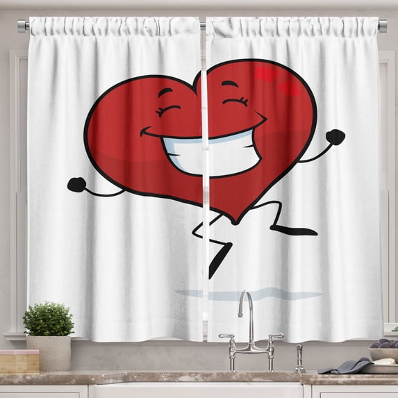 Ambesonne Smile Kitchen Curtains, Happy Heart Jumping Up Down, 55"x45", Charcoal Grey and Ruby