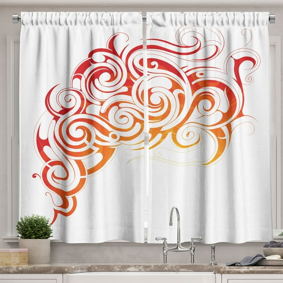 Ambesonne Smoke Kitchen Curtains, Orange Tones Abstract Curls, 55"x39", Vermilion Orange
