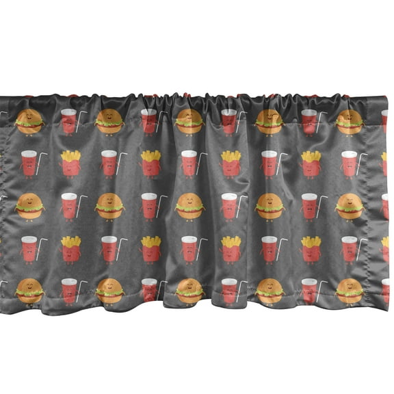 Ambesonne Snack Bar Window Valance, Smiling Fast Food, 42" x 18", Grey Multicolor