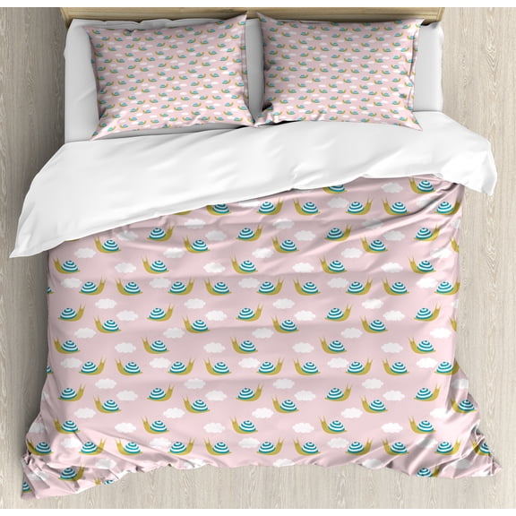 Ambesonne Snail Duvet Cover Set, Cartoon Concept Animal, Calking, Rose Sea Blue and Fawn