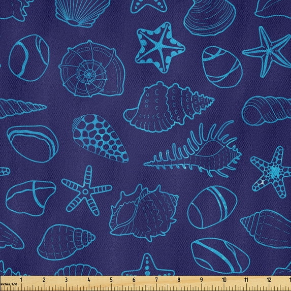 Ambesonne Snail Fabric by the Yard Microfiber, Seashells Starfish Oyster, 1 Yard, Indigo and Blue